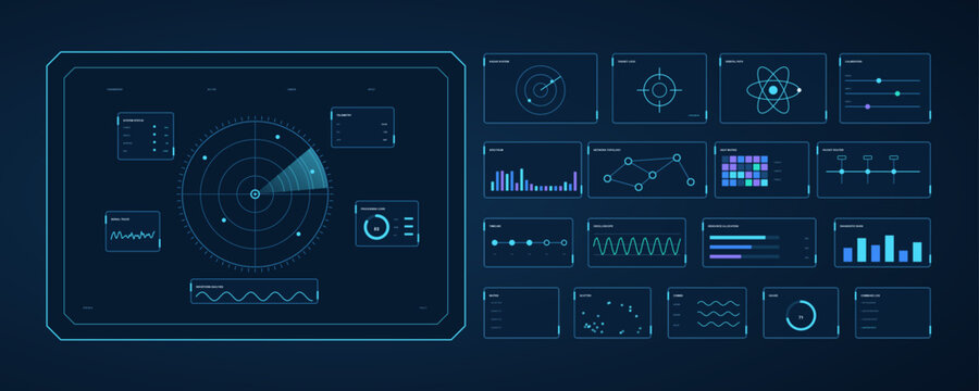 Digital HUD interface elements set with radar, graphs, and data displays for technology and science