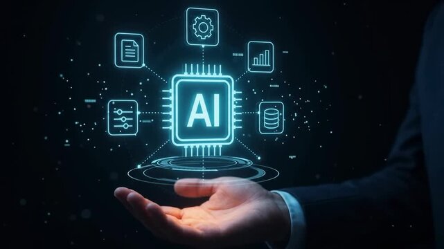Businessman holding hands open below glowing artificial intelligence chip surrounded by technology icons
