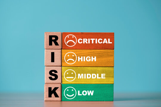 Risk assessment and management review concept with colorful wooden blocks showing critical, high, middle and low risk levels for business safety and risk evaluation.