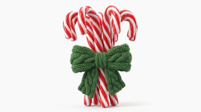 Candy canes bundle tied with a green knitted bow on white background