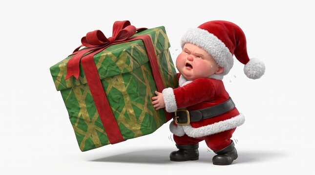 Baby Santa struggling to lift a huge Christmas present