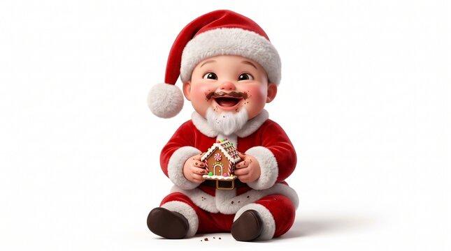 Baby dressed as Santa Claus holding a gingerbread house