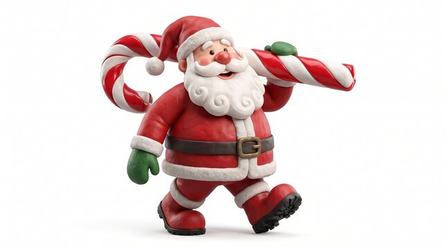 3d claymation santa clause carrying a giant candy cane