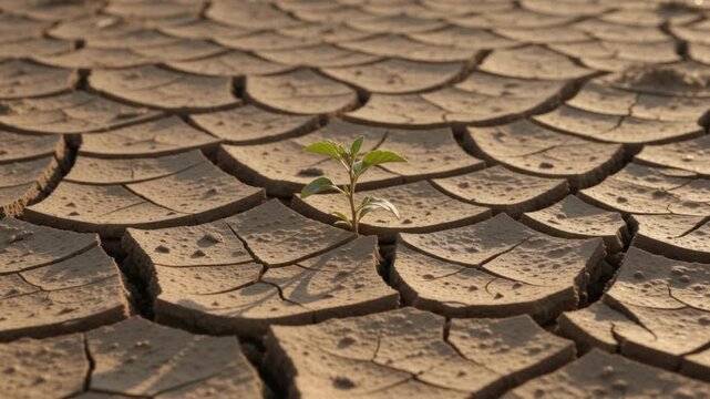 Cracked Dry Earth with a Small Green Plant
