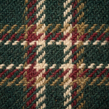 Green and red tartan plaid knitted wool fabric texture background close up