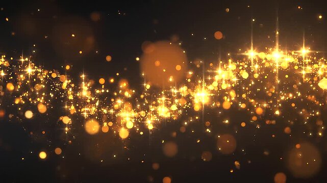 Golden glowing particles floating against a dark abstract background, creating a luxurious sparkle effect with festive bokeh, magical light, elegant digital effects, shimmerin