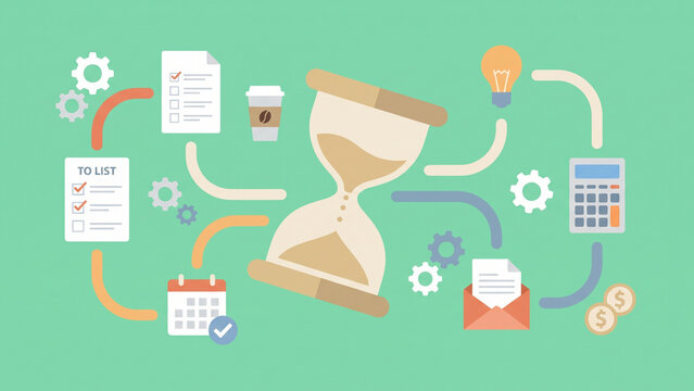 Clean flat vector illustration of giant hourglass and gears for time management productivity concept