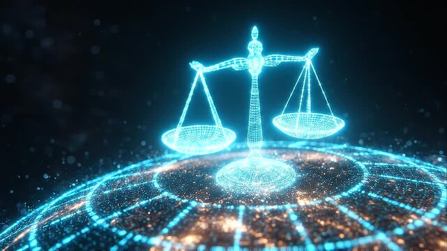 Holographic scales of justice above a connected digital Earth, symbolizing AI governance, global regulation, international law, ethical compliance, digital accountabilit
