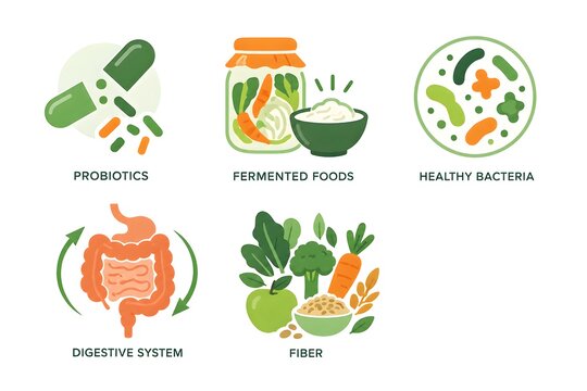 Vector icon set illustrating gut health care featuring probiotics capsules, fermented foods, healthy bacteria, digestive system, and fiber.