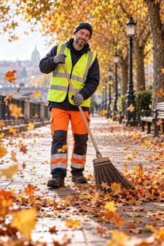 Autumn park cleanup by smiling street cleaner sweeping fallen leaves, seasonal maintenance and community care concept