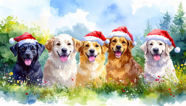 Colorful graphic group of happy dogs wearing santa hats for christmas