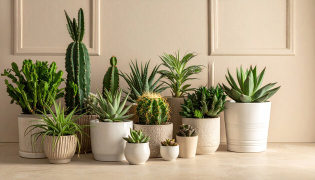 Diverse succulent and cactus plants in ceramic pots