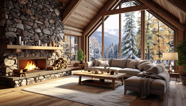 Cozy cabin living room with winter mountain view
