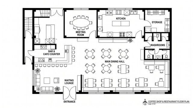 Coffee Shop and Restaurant Floor Plan Layout with Main Dining Hall Kitchen Meeting Room Bar Cafe Counter Waiting Lounge Washrooms Storage Entrance
