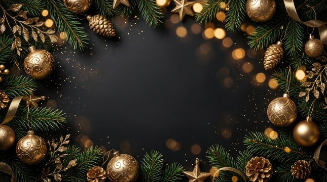 Golden christmas ornaments and pine branches framing a dark background with copy space