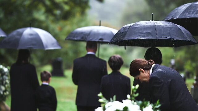 Mourners standing beneath black umbrellas at an outdoor funeral in the rain, expressing grief, remembrance, sympathy, and respect during a solemn memorial ceremony, emotional farewell