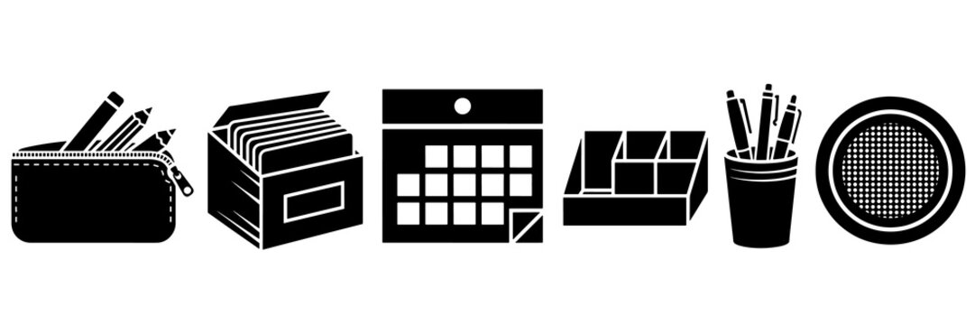 Black silhouette stationery set with pencils, calendar and organizers