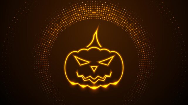 Glowing orange Halloween pumpkin surrounded by radial halftone dot pattern. Bright spooky jack-o-lantern motion design on dark background. Seamless loop. Video animation Ultra HD 4K 3840x2160