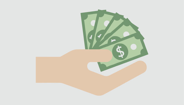 Human hand holds a fan of green five dollar bills against a simple light gray background symbolizing financial growth and wealth.