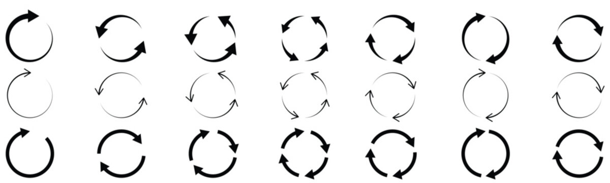 Circular arrow set, black refresh, reload and rotation icons in thin, bold and tapered styles