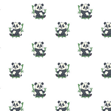 Seamless pattern of a cute cartoon panda holding bamboo, on a white background
