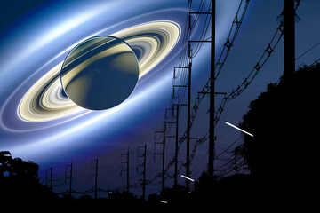 Saturn shadow under ring back silhouette power electric poles with top tree and teal orange sunset sky © darkfoxelixir