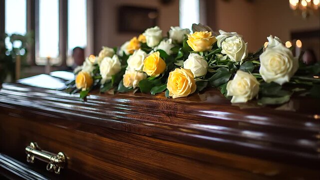 Polished wooden coffin adorned with white and yellow roses in warm memorial light, solemn funeral ceremony, elegant floral tribute, remembrance, bereavement, funeral