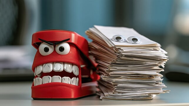 Angry cartoon-faced stapler with wide open jaws on office desk