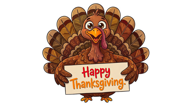 A vibrant and detailed illustration of a cartoon turkey holding a 'happy thanksgiving' banner perfectly isolated on transparent background