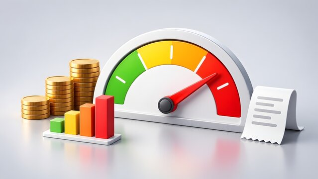 Dashboard speedometer with maximum performance pointer next to golden coins and growing financial bar chart representing high investment returns economic success and profit maximization, 3d render