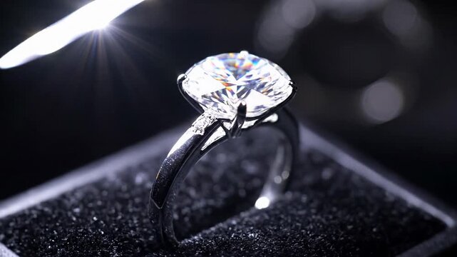 A silver ring with a large round faceted diamond sits on a black velvet surface, showing three different perspectives of the jewelry piece