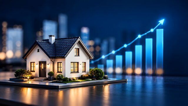 Residential House Model Beside Glowing Blue Financial Growth Bar Chart