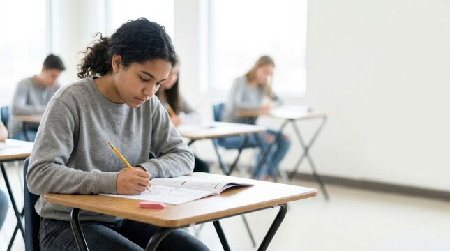 Young female student taking a standardized test in a classroom. Education and exam