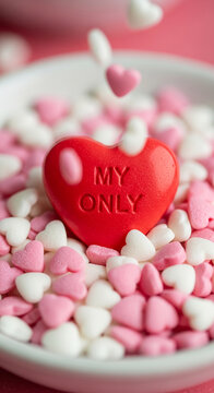 Red heart candy with text "MY ONLY" on a bed of pink and white heart candies, symbolizing love and Valentine's Day