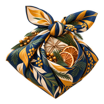 Decorative Christmas Fabric Gift Bundle Featuring Dried Orange Slices, Evergreen Sprigs and Golden Berries Isolated on Transparent Background