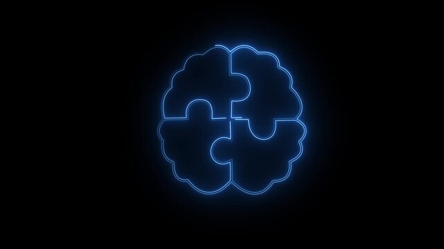Blue neon brain puzzle animation neon brain puzzle background, Glowing blue brain puzzle background, Animated blue neon brain jigsaw puzzle on black background abstract geometric empty space