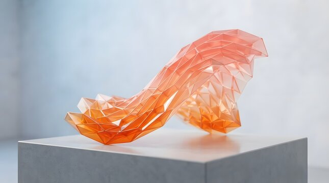Abstract geometric orange translucent sculpture on a grey pedestal