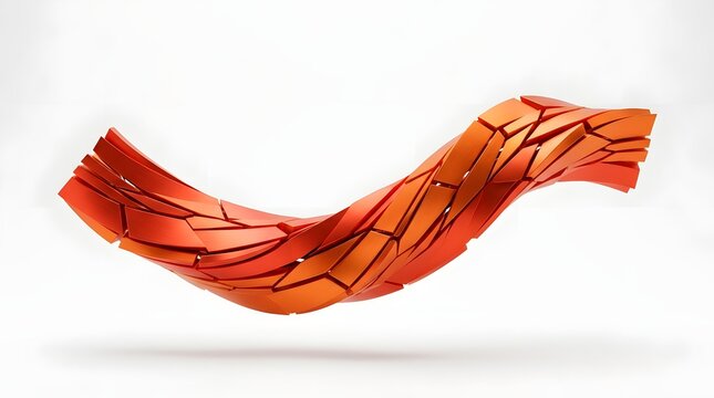 Abstract flowing wave sculpture made of fragmented orange metallic segments