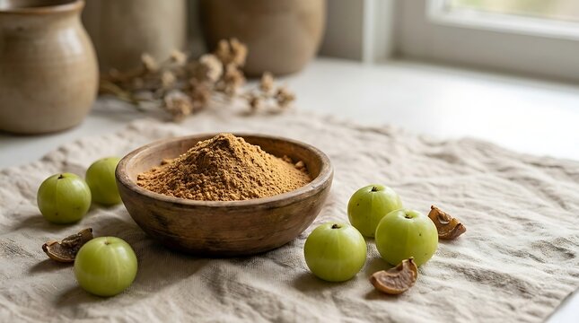 Fresh green amla fruits and a bowl of dry amla powder on a rustic wooden table for healthy ayurvedic medicine. natural amla powder