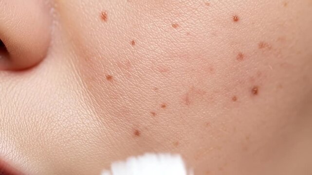 Close-up of skin with freckles and brush applying skincare product