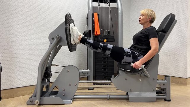 A woman uses a gym machine to perform leg exercises while maintaining proper form