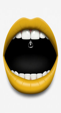 Open mouth with yellow lips, white teeth, and a water drop, symbolizing desire, taste, and fresh sensation.