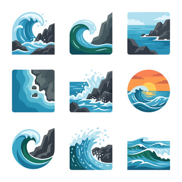 Blue ocean wave cresting with white sea spray and foam, vector illustration of a powerful curling tidal wave, dynamic water motion design element isolated on white background.