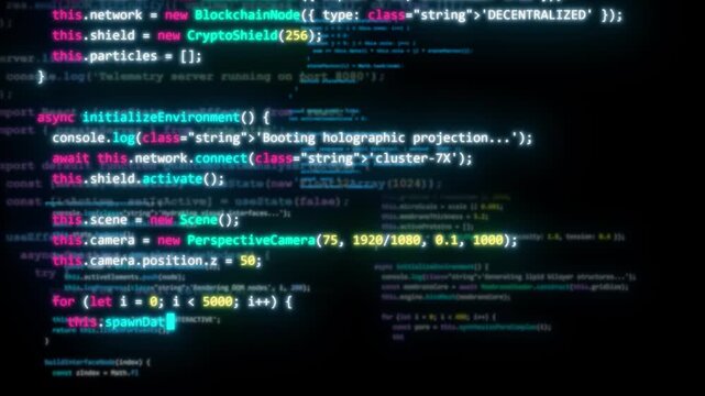 Glowing lines of code on a black background 4k