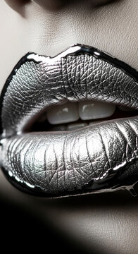 Close-up of lips with metallic silver lipstick texture, creating a bold and glamorous appearance, symbolizing luxury, avant-garde style and beauty.