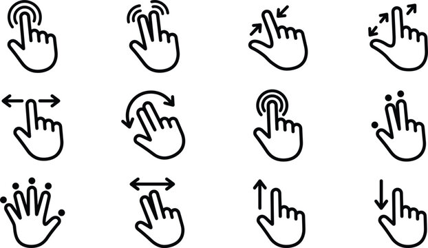 Touch screen gesture icon set featuring hand pointer taps, pinch zoom, swipe scroll, and multi-finger interactions in clean black line art style.