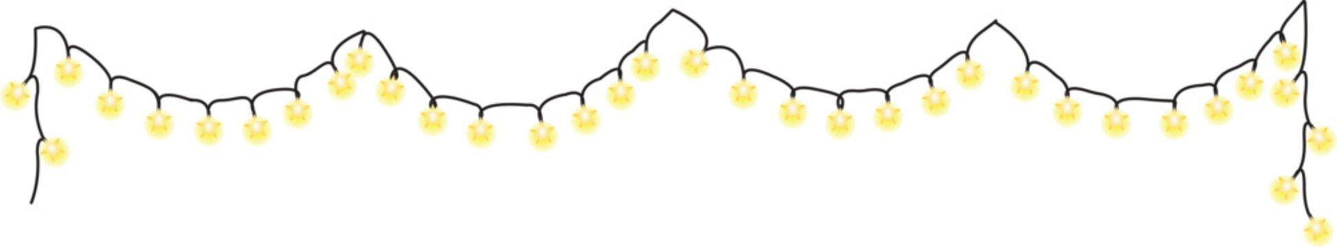 Hanging string of bright yellow festive glowing fairy light bulbs