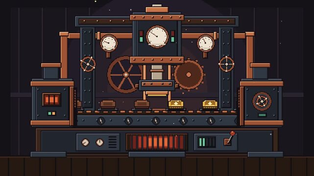 Pixel Art Steampunk Factory Machine with Conveyor Belt Stamping Gold Coins and Rotating Gears in Loop Animation