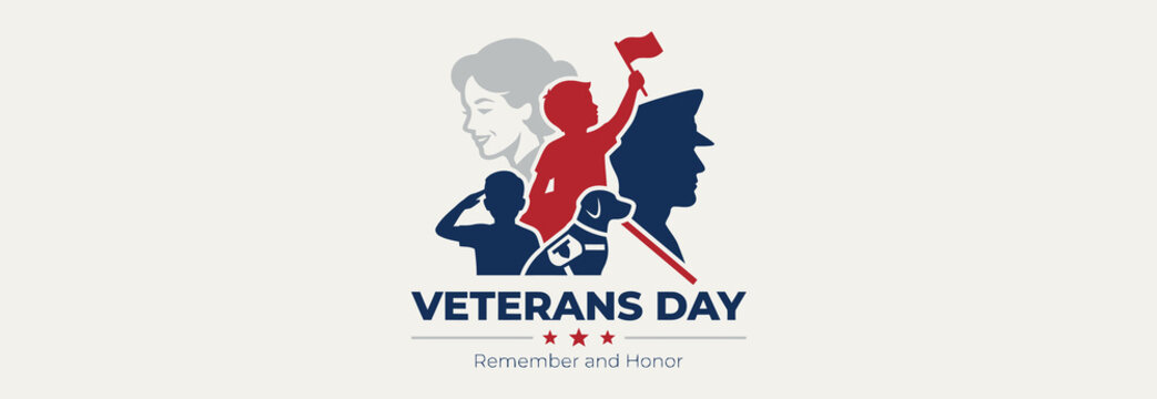Veterans Day remember and honor graphic illustration featuring silhouettes of military personnel and family members with service dog on isolated light background for patriotic social media content