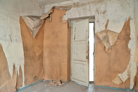 Interior of abandoned ruined room with peeling wallpaper on dirty walls and old open wooden door. Damaged neglected house apartment.